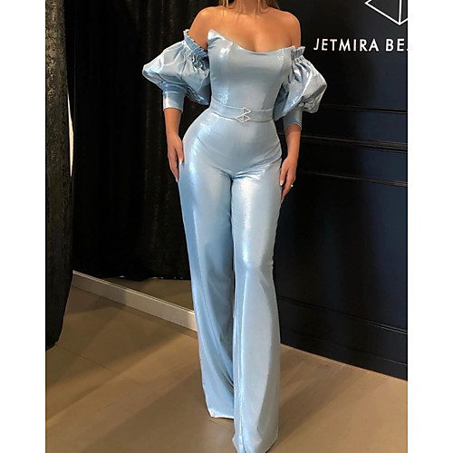 

Jumpsuits Elegant Blue Holiday Formal Evening Dress Strapless Short Sleeve Floor Length Satin with Sleek 2020