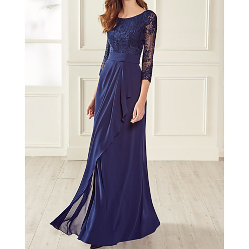 

Sheath / Column Beautiful Back Floral Engagement Formal Evening Dress Jewel Neck 3/4 Length Sleeve Floor Length Chiffon Lace with Pleats Embroidery 2021