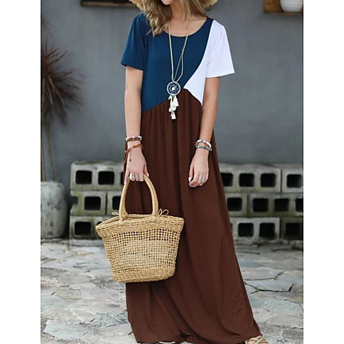 

Women's Swing Dress Maxi long Dress - Short Sleeves Color Block Summer Formal 2020 Blushing Pink Green Brown Gray S M L XL XXL XXXL