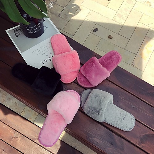 

Women's Slippers & Flip-Flops Fuzzy Slippers Summer Flat Heel Open Toe Daily Faux Fur Black / Dusty Rose / Fuchsia