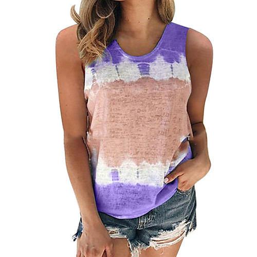 

Women's Tank Top Color Block Tie Dye Round Neck Tops Basic Top Black Blue Purple