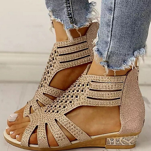 

Women's Sandals Boho Bohemia Beach Roman Shoes Gladiator Sandals Flat Heel Peep Toe Wedge Sandals Daily PU Black Gold Beige