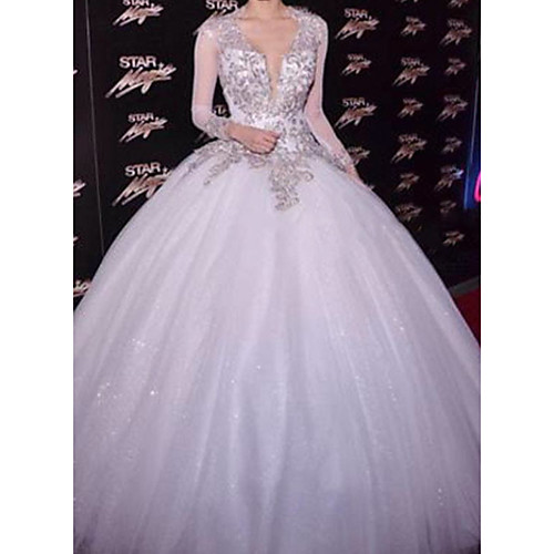 

A-Line Wedding Dresses V Neck Court Train Lace Tulle Sequined Long Sleeve Sexy See-Through Backless with Embroidery 2020