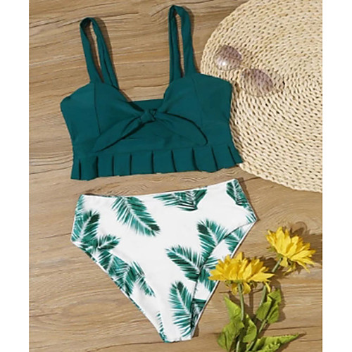 

Women's Basic Green Halter Cheeky High Waist Tankini Swimwear Swimsuit - Geometric Tropical Bow Print S M L Green