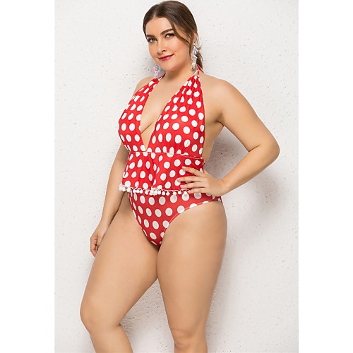 

Women's Basic One-piece Swimwear Swimsuit - Polka Dot Solid Colored Backless Lace up XXL XXXL XXXXL Light Blue Black Blue Red Green