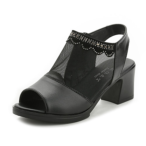 

Women's Sandals 2020 Leather Sandals Summer Cuban Heel Open Toe Sweet British Daily Outdoor Nappa Leather / Mesh Walking Shoes Black