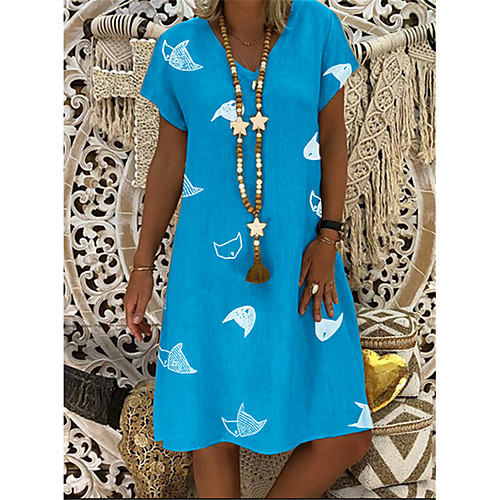 

Women's A-Line Dress - Short Sleeves Print Patchwork Summer Casual Vintage Daily 2020 White Blue Yellow Khaki S M L XL XXL XXXL