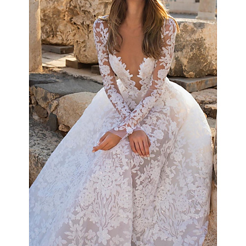 

A-Line Wedding Dresses V Neck Court Train Chiffon Lace Long Sleeve Sexy See-Through with Embroidery 2020