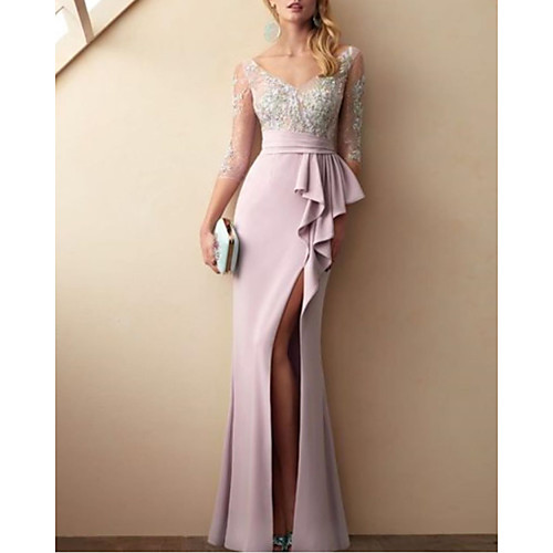 

Mermaid / Trumpet Beautiful Back Sexy Engagement Prom Dress V Neck Half Sleeve Sweep / Brush Train Chiffon Satin with Ruffles Split Appliques 2020
