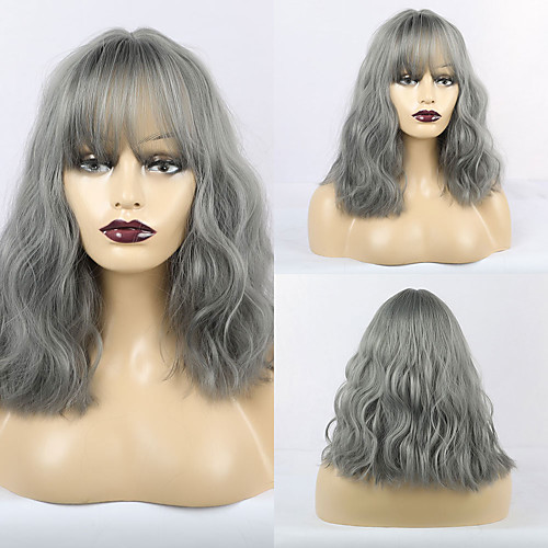 

Synthetic Wig Matte Loose Curl Neat Bang Wig Long Grey Synthetic Hair 16 inch Women's Romantic Fluffy Dark Gray