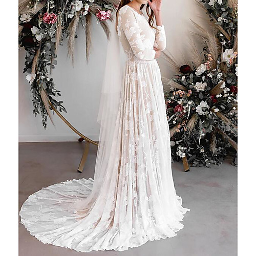 

A-Line Wedding Dresses Jewel Neck Sweep / Brush Train Lace Tulle Long Sleeve Sexy See-Through Backless with Embroidery 2020