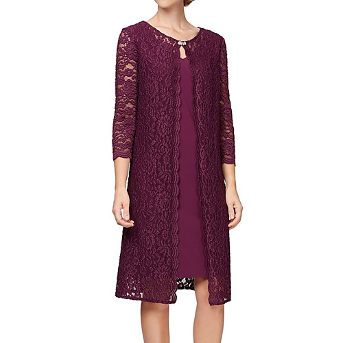 

Two Piece Sheath / Column Mother of the Bride Dress Elegant V Neck Knee Length Chiffon Lace 3/4 Length Sleeve with Lace 2020