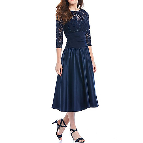 

A-Line Mother of the Bride Dress Elegant Jewel Neck Tea Length Chiffon Lace Shantung 3/4 Length Sleeve with Ruching 2020