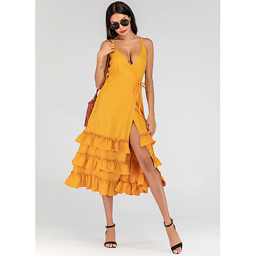 

Women's Strap Dress Midi Dress - Sleeveless Solid Color Layered Split Summer V Neck Vintage Sexy Daily Going out 2020 Yellow XS S M L