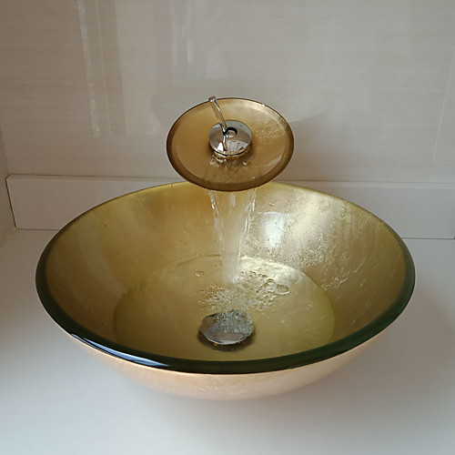 

Round Golden Tempered Glass Vessel Sink with Waterfall Faucet Pop - Up Drain and Mounting Ring