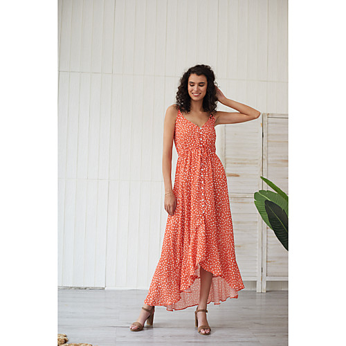 

Women's Swing Dress Maxi long Dress - Sleeveless Polka Dot Solid Color Button Summer Elegant Going out Beach 2020 Red XS S M L XL