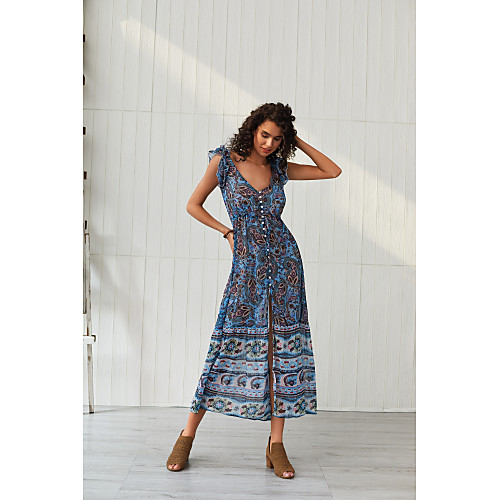 

Women's Swing Dress Maxi long Dress - Sleeveless Floral Print Ruffle Button Summer Elegant 2020 Blue XS S M L XL