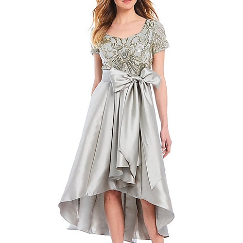 

A-Line Mother of the Bride Dress Elegant Jewel Neck Tea Length Satin Short Sleeve with Bow(s) Pleats Sequin 2020