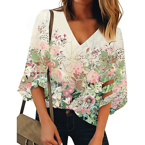 

Women's Tops Floral T-shirt - Print V Neck Loose Daily Green S M L XL 2XL 3XL