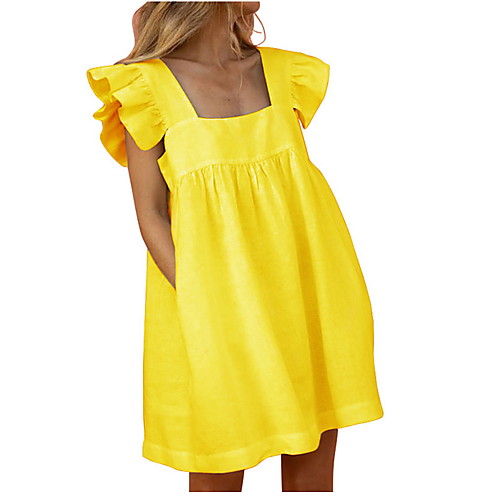 

Women's Sheath Dress Short Mini Dress White Yellow Sleeveless Solid Color Summer Square Neck Elegant 2021 S M L XL
