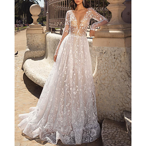 

A-Line Wedding Dresses V Neck Sweep / Brush Train Lace Tulle Long Sleeve Beach Sexy See-Through with Embroidery Appliques 2020