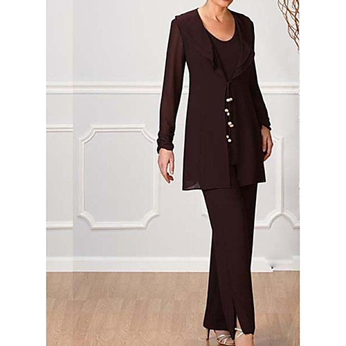 

Pantsuit / Jumpsuit Mother of the Bride Dress Elegant Jewel Neck Floor Length Chiffon Long Sleeve with Ruffles 2021