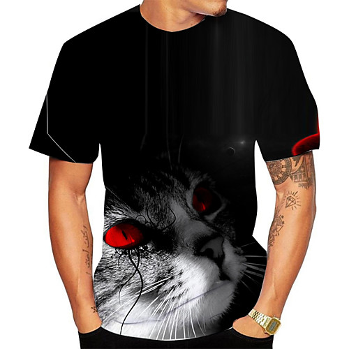 

Men's Plus Size 3D Animal Cat T-shirt Basic Daily Going out Round Neck Black / Short Sleeve