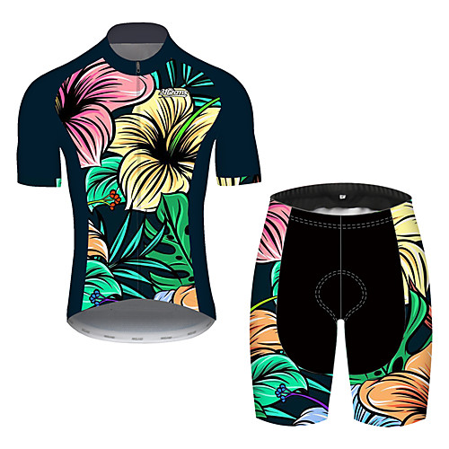 

21Grams Men's Short Sleeve Cycling Jersey with Shorts Black / Green Floral Botanical Bike UV Resistant Quick Dry Sports Patterned Mountain Bike MTB Road Bike Cycling Clothing Apparel / Stretchy