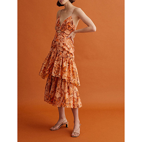 

A-Line Boho Floral Holiday Party Wear Dress Spaghetti Strap Sleeveless Tea Length Spandex with Ruffles Tier Pattern / Print 2020