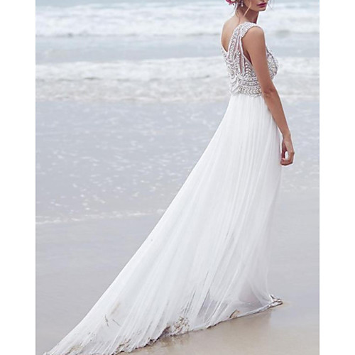 

A-Line Wedding Dresses V Neck Sweep / Brush Train Lace Chiffon Over Satin Sleeveless Beach Boho Sexy See-Through with Beading 2020