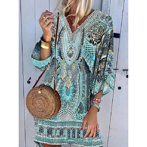 

Women's Shift Dress Knee Length Dress - 3/4 Length Sleeve Tribal Print Summer V Neck Boho Holiday Beach 2020 Blue S M L XL XXL XXXL