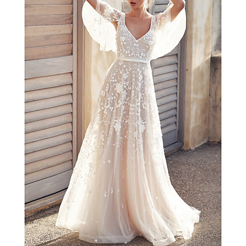 

A-Line Wedding Dresses V Neck Court Train Tulle Sleeveless Simple Wedding Dress in Color See-Through with Appliques 2021