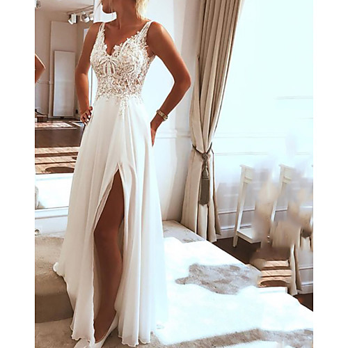 

A-Line Wedding Dresses V Neck Spaghetti Strap Sweep / Brush Train Lace Chiffon Over Satin Sleeveless Beach Boho Sexy with Embroidery Appliques 2020