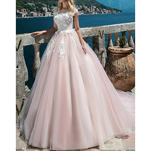 

Ball Gown A-Line Wedding Dresses Jewel Neck Sweep / Brush Train Lace Tulle Short Sleeve Vintage Sexy Wedding Dress in Color with Embroidery Appliques 2020