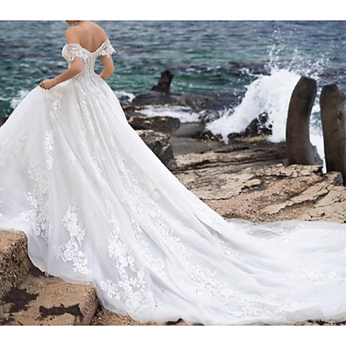 

Ball Gown A-Line Wedding Dresses Off Shoulder Chapel Train Lace Tulle Short Sleeve Formal Sexy with Beading Embroidery 2020