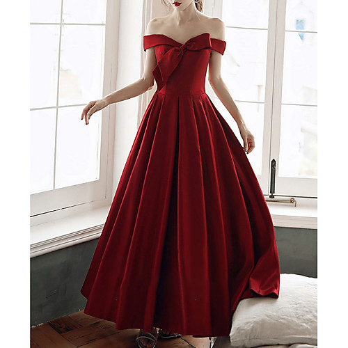 

A-Line Minimalist Red Engagement Formal Evening Dress Off Shoulder Short Sleeve Floor Length Satin with Bow(s) 2020