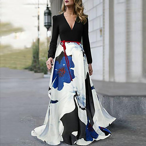 

A-Line Floral Maxi Holiday Prom Dress V Neck Long Sleeve Floor Length Satin Spandex with Pattern / Print 2020