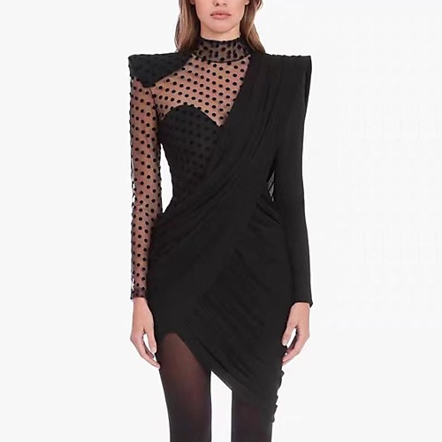 

Sheath / Column Little Black Dress Cut Out Party Wear Cocktail Party Dress High Neck Long Sleeve Asymmetrical Nylon with Pleats 2021