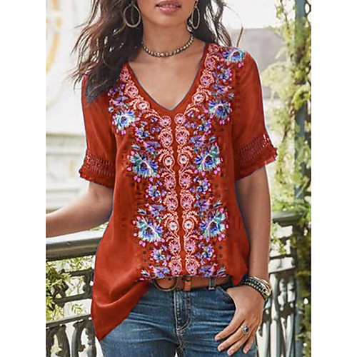 

Women's Floral T-shirt Daily V Neck Blue / Purple / Red / Brown / Gray