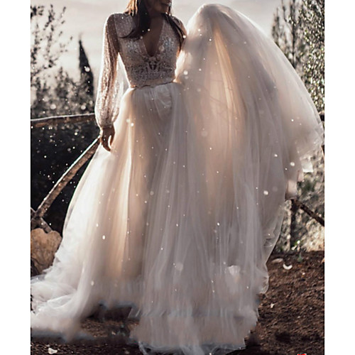 

A-Line Wedding Dresses V Neck Sweep / Brush Train Lace Tulle Long Sleeve Boho Sexy See-Through with Sashes / Ribbons 2020