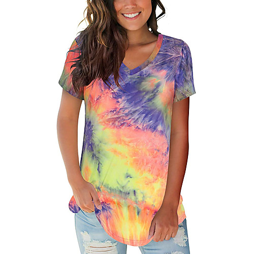 

Women's T-shirt Tie Dye Tops - Print V Neck Loose Basic Daily Spring Summer Blue Purple Red Yellow Rainbow Gray S M L XL 2XL 3XL