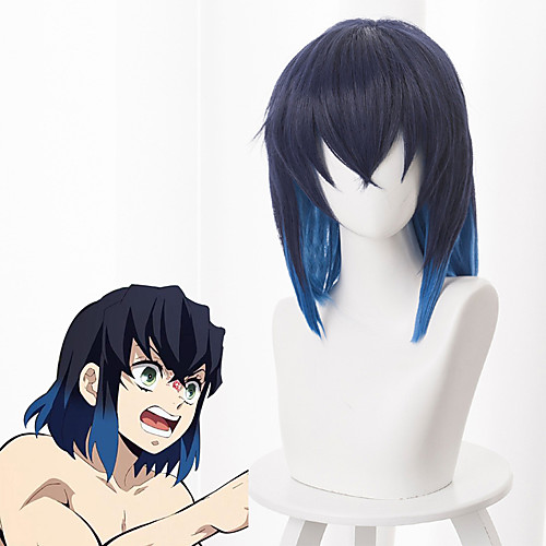 

Demon Slayer: Kimetsu no Yaiba Hashibira Inosuke Cosplay Wigs Men's Asymmetrical 17 inch Heat Resistant Fiber kinky Straight Blue Ink Blue Anime