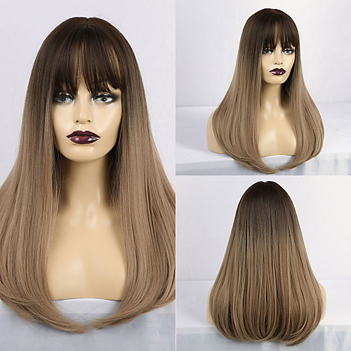 

Synthetic Wig Matte kinky Straight Middle Part Neat Bang Wig Long Light Brown Synthetic Hair 20 inch Women's Simple Color Gradient Natural Hairline Light Brown