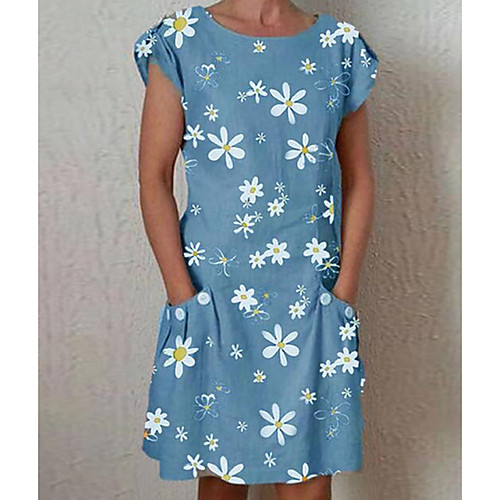 

Women's Shift Dress Daisy Knee Length Dress - Short Sleeves Floral Pocket Print Summer Casual Elegant 2020 Blue Green Gray Light Blue S M L XL XXL XXXL