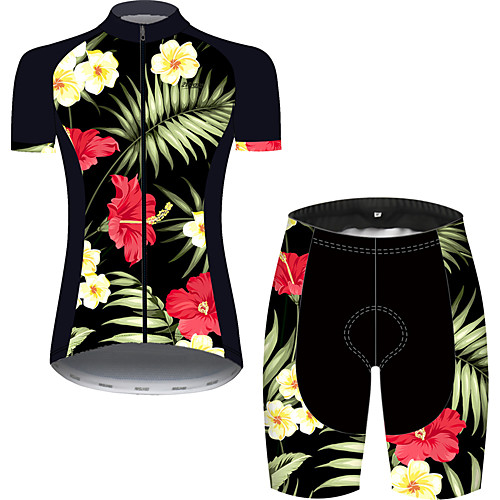 

21Grams Women's Short Sleeve Cycling Jersey with Shorts Black / Yellow Floral Botanical Bike Clothing Suit Breathable 3D Pad Quick Dry Ultraviolet Resistant Reflective Strips Sports Patterned