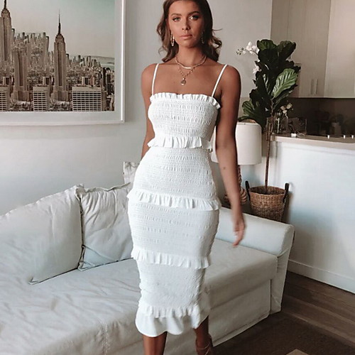 

Women's Strap Dress Knee Length Dress White Black Red Blushing Pink Green Sleeveless Solid Color Summer Sexy 2021 S M L XL