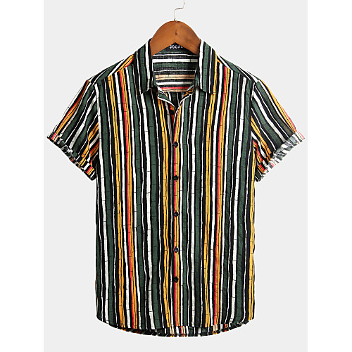 

Men's Striped Graffiti Shirt - Cotton Tropical Hawaiian Holiday Beach Classic Collar Button Down Collar Green / Short Sleeve