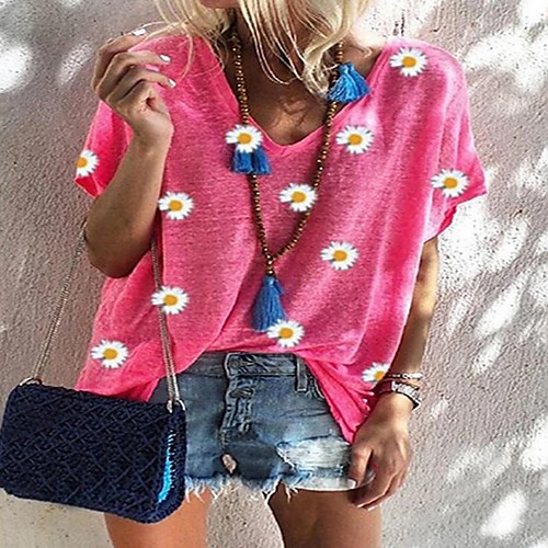 

Women's T shirt Floral Flower V Neck Tops Sexy Basic Top Red Gray