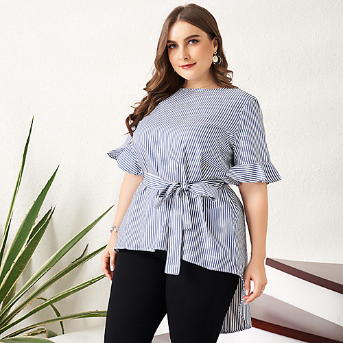 

Women's Plus Size Striped Lace up Shirt Business Elegant Daily Work Blue