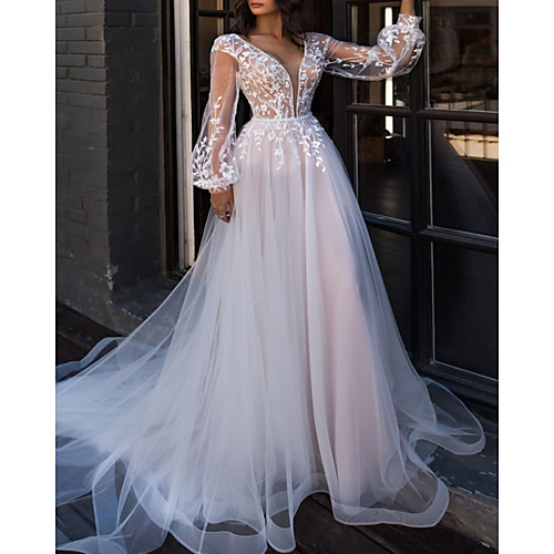 

A-Line Wedding Dresses V Neck Sweep / Brush Train Lace Tulle Long Sleeve Beach Sexy See-Through with Embroidery Cascading Ruffles 2021